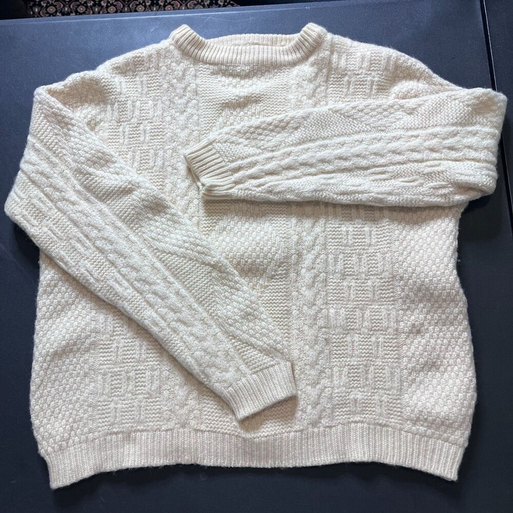 Diplomat 100% Pure Virgin Wool Mens Sweater Cream Chunky Knit Made USA